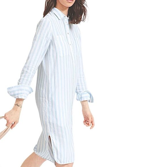 Everlane Linen Dress Blue & White Striped Collared Shirt Dress Size 00 - Picture 2 of 10